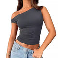 One Shoulder Ruched Slim Tank Top - Grey