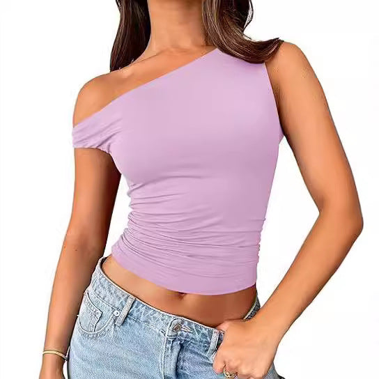 One Shoulder Ruched Slim Tank Top - Purple