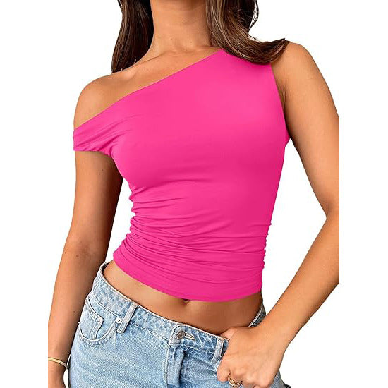 One Shoulder Ruched Slim Tank Top - Rose