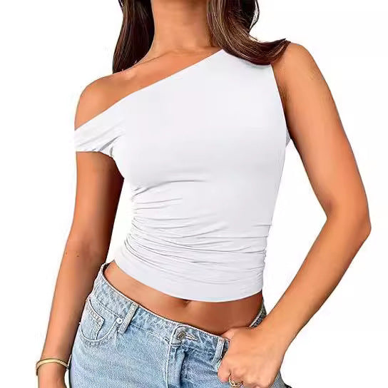 One Shoulder Ruched Slim Tank Top - White - 1