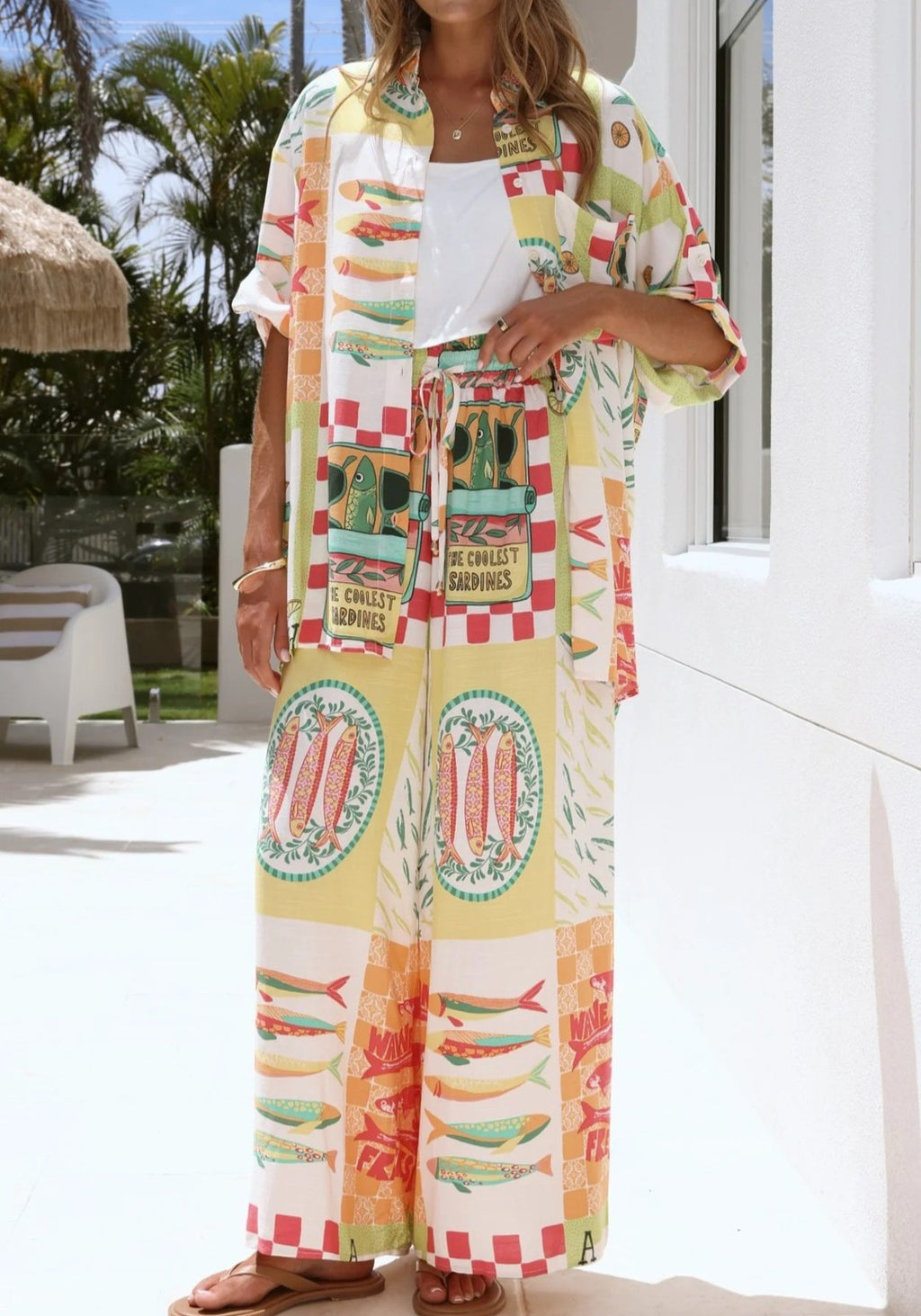 Printed Shirt And Wide Leg Pants Set - Yellow