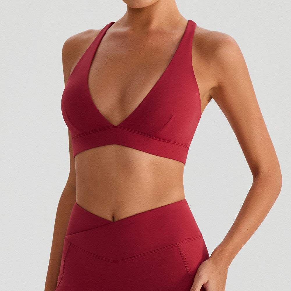 Deep V Cross Back Double Knit Yoga Sports Bra - Wine Red