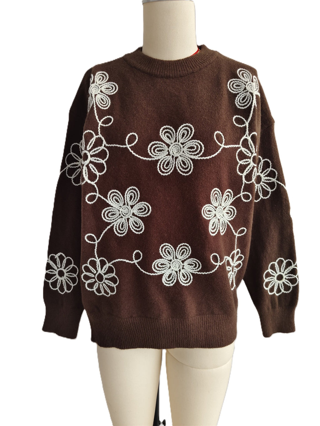 Embroidered Daisy Crew Neck Knit Sweater - Brown - 1
