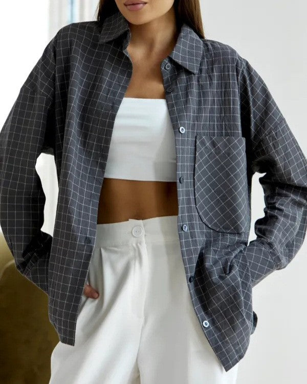 Oversized Windowpane Plaid Button Down Shirt - Gray