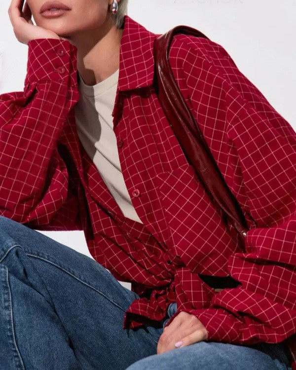 Oversized Windowpane Plaid Button Down Shirt - Red
