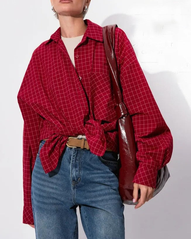 Oversized Windowpane Plaid Button Down Shirt - view 2