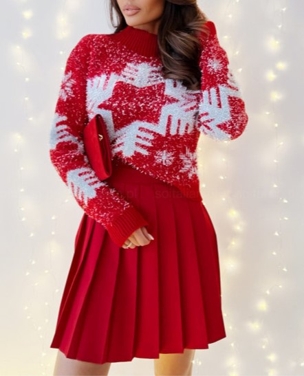 Snowflake Jacquard Mock Neck Sweater - Red - 2
