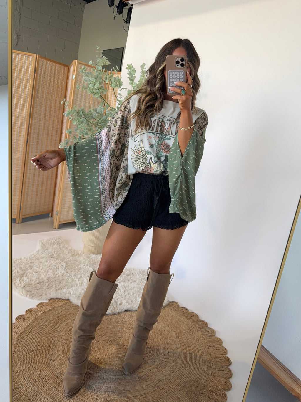 Cowgirl Graphic Tee With Patterned Batwing Sleeves - NO01 - 2