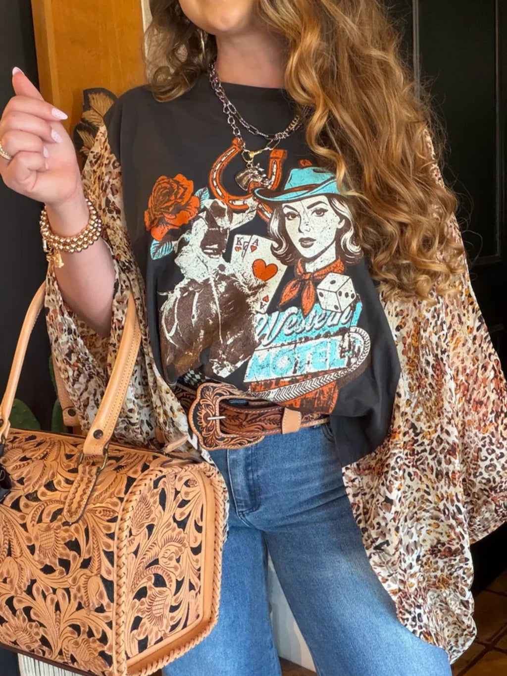 Cowgirl Graphic Tee With Patterned Batwing Sleeves - NO04