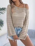 Open Crochet Boat Neck Pullover Top - Khaki