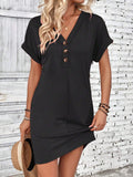 Henley Button V-Neck Mini Shift Dress - Black