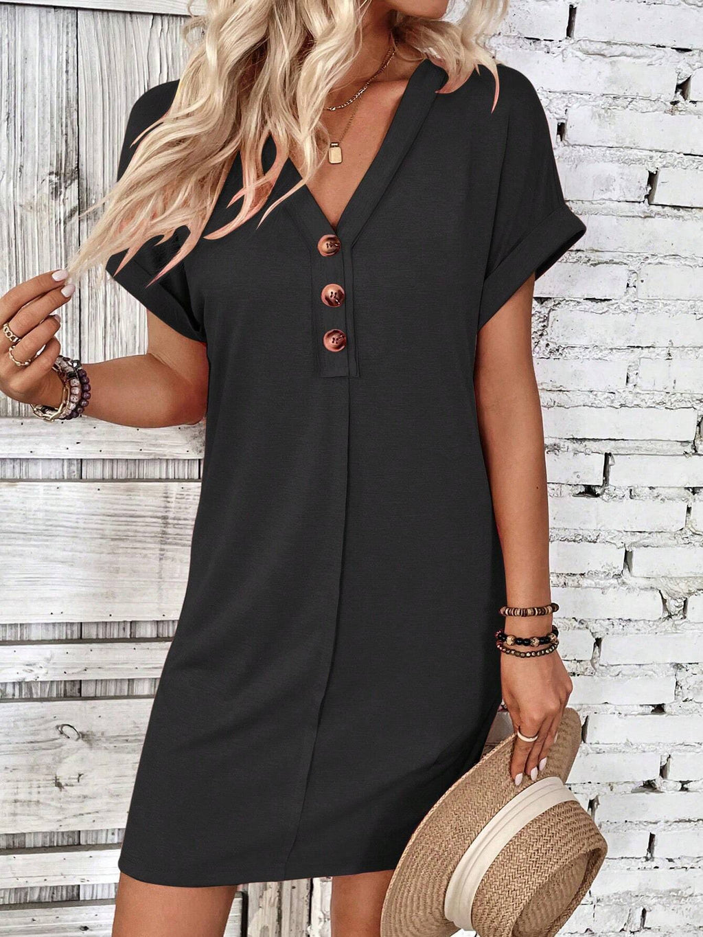 Henley Button V-Neck Mini Shift Dress - Black - 1