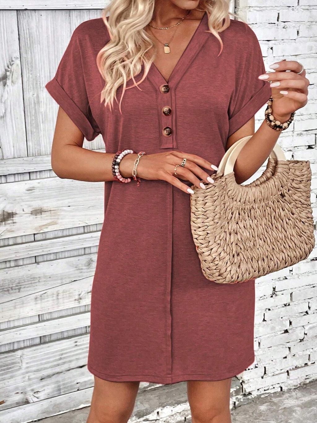 Henley Button V-Neck Mini Shift Dress - Brickred