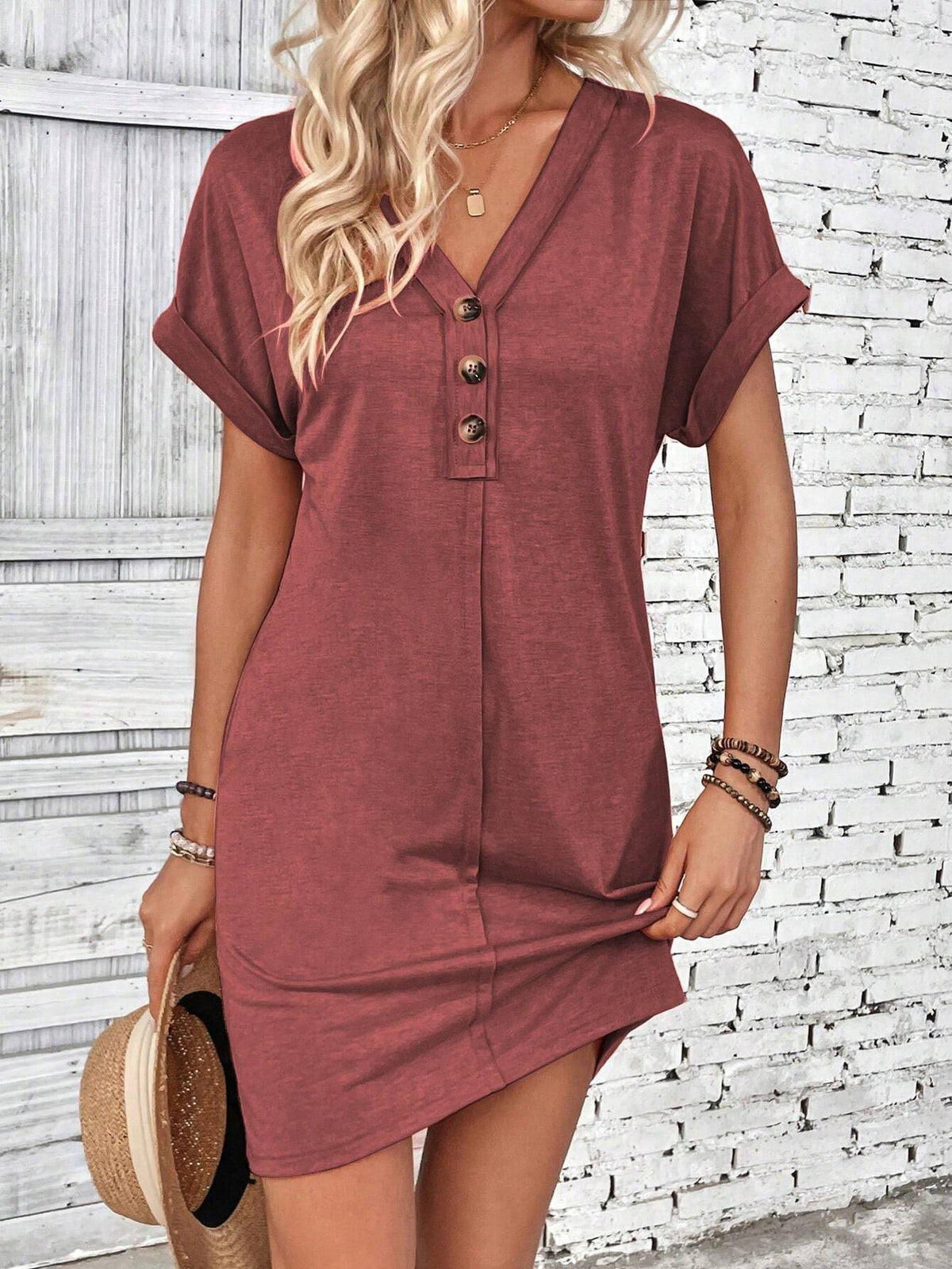 Henley Button V-Neck Mini Shift Dress - Brickred - 1