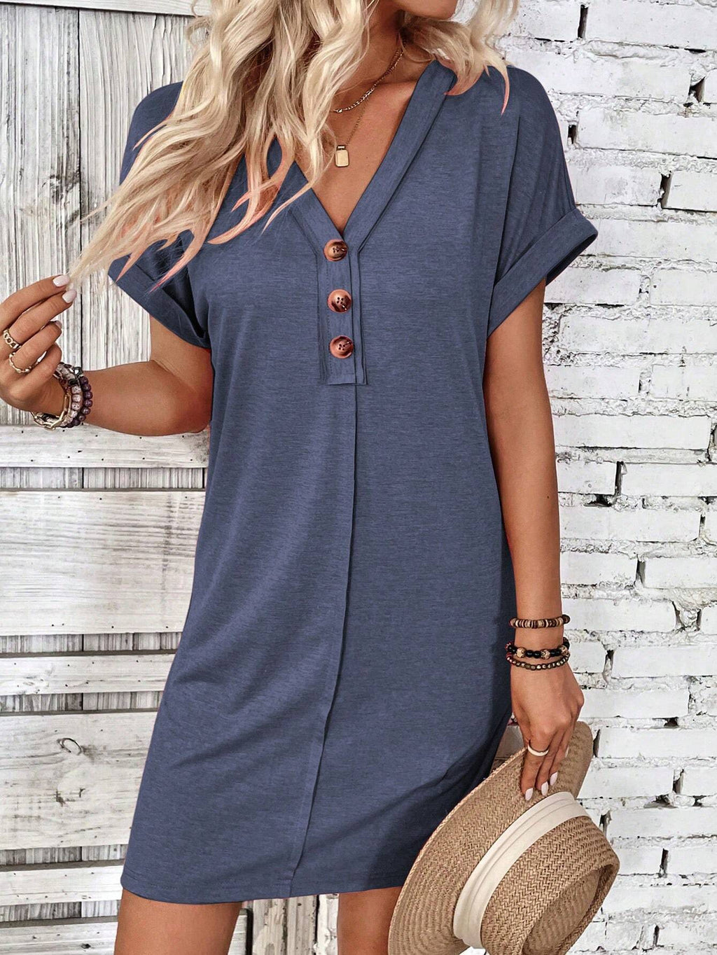 Henley Button V-Neck Mini Shift Dress - Darkblue