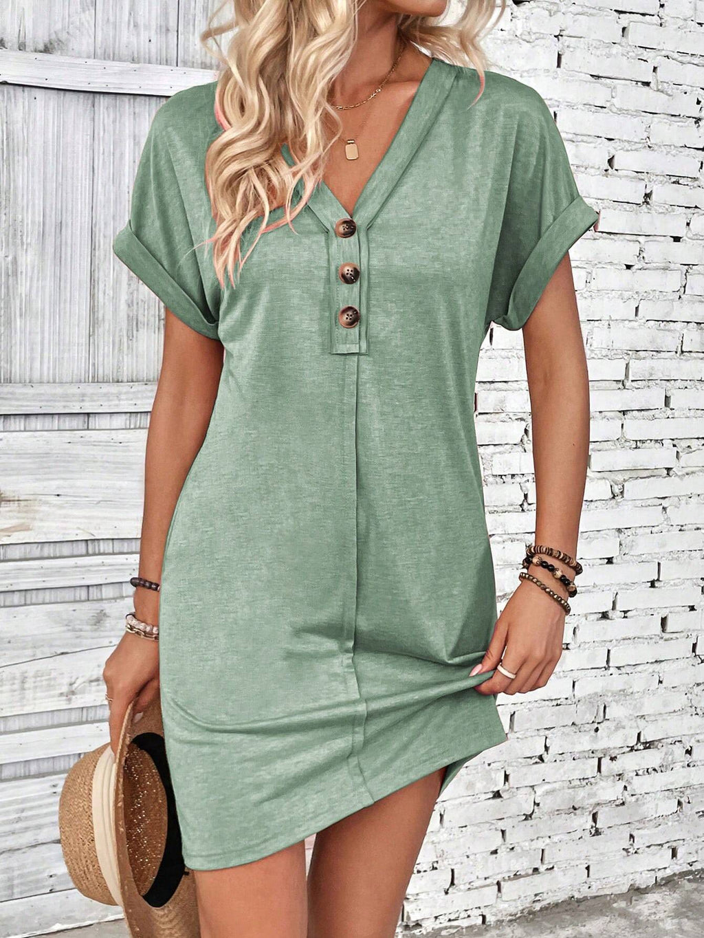 Henley Button V-Neck Mini Shift Dress - Green