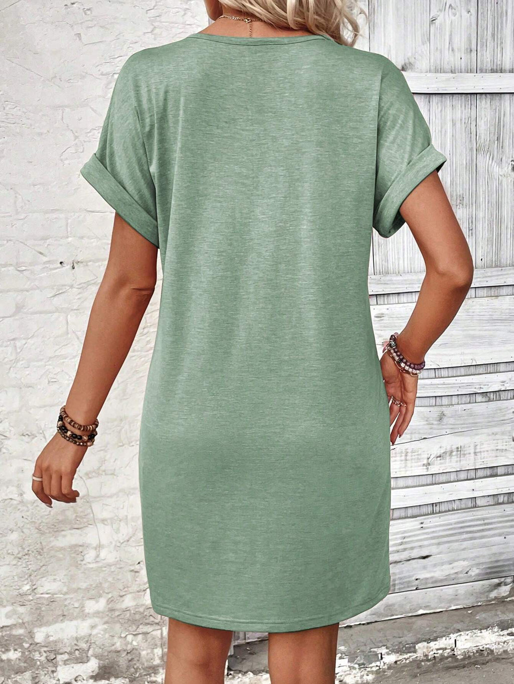 Henley Button V-Neck Mini Shift Dress - Green - 1