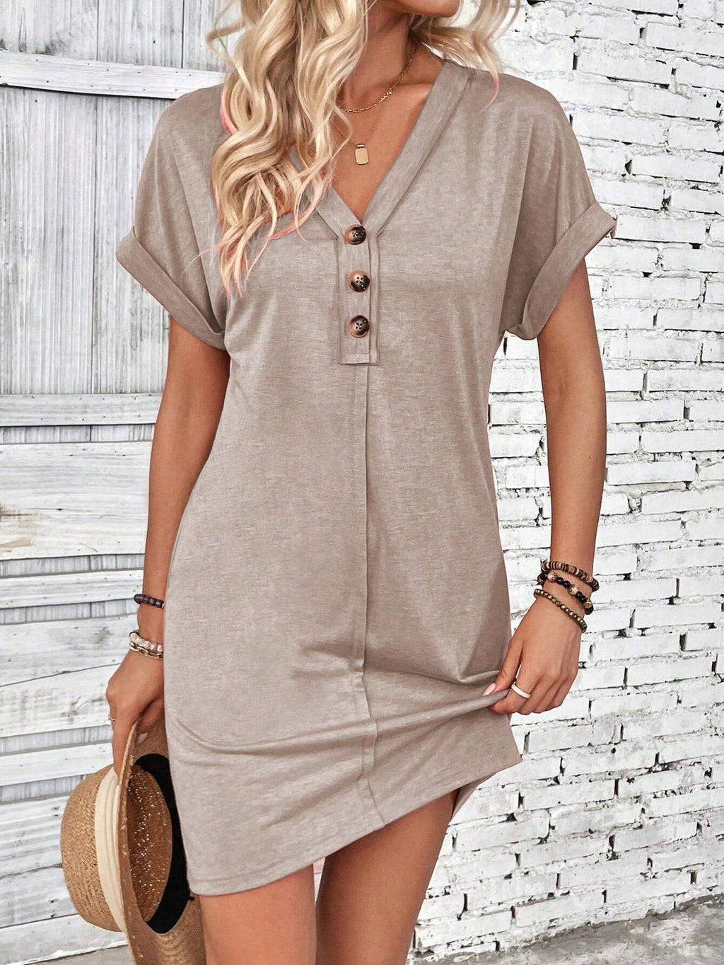 Henley Button V-Neck Mini Shift Dress - Khaki