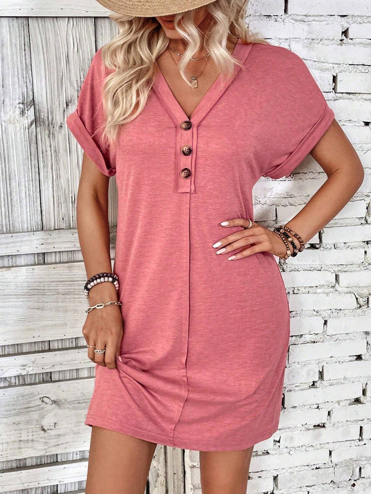 Henley Button V-Neck Mini Shift Dress - Pink
