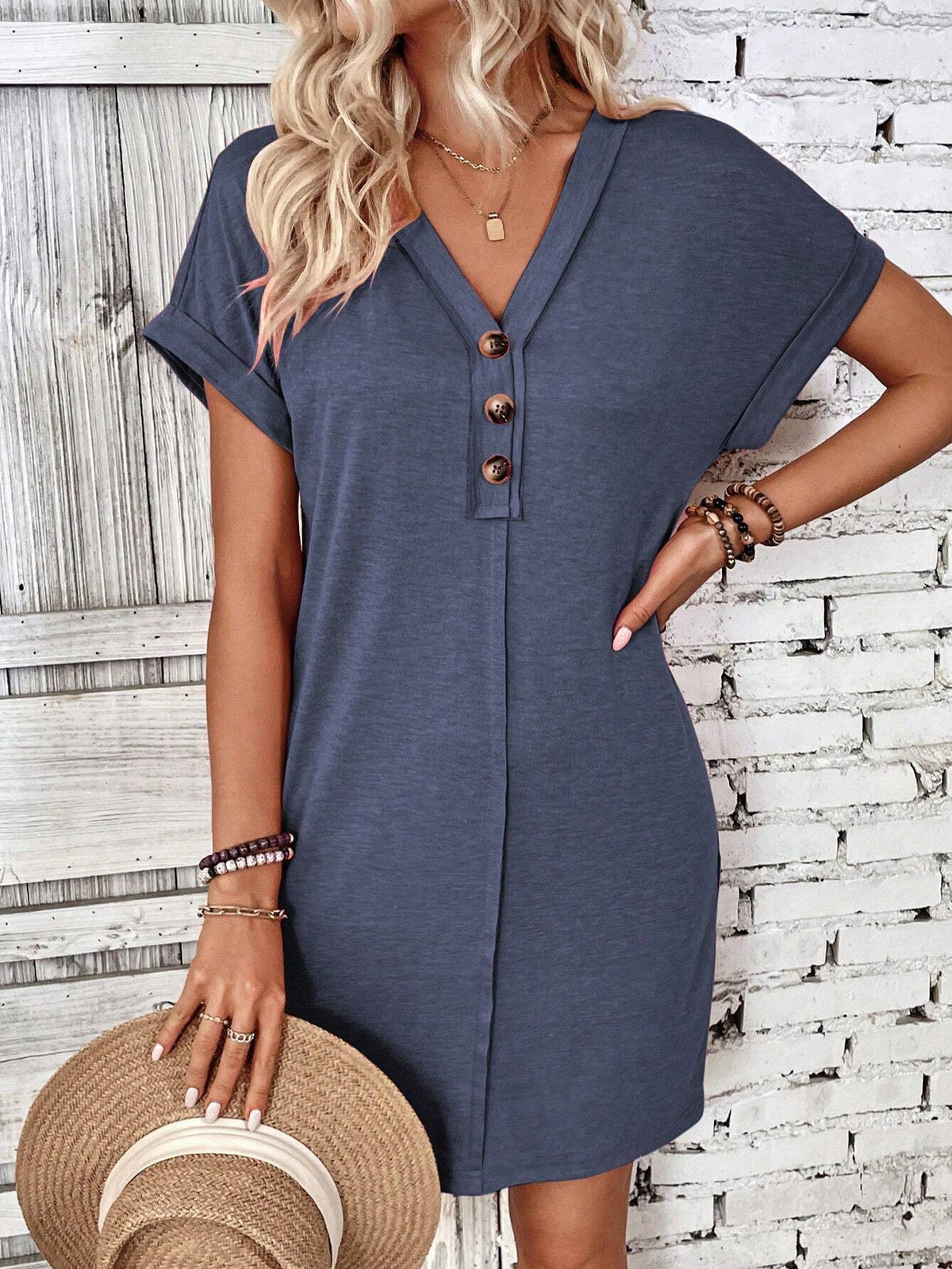 Henley Button V-Neck Mini Shift Dress