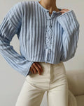 Ribbed Lace Up Cropped Knit Top - Blue