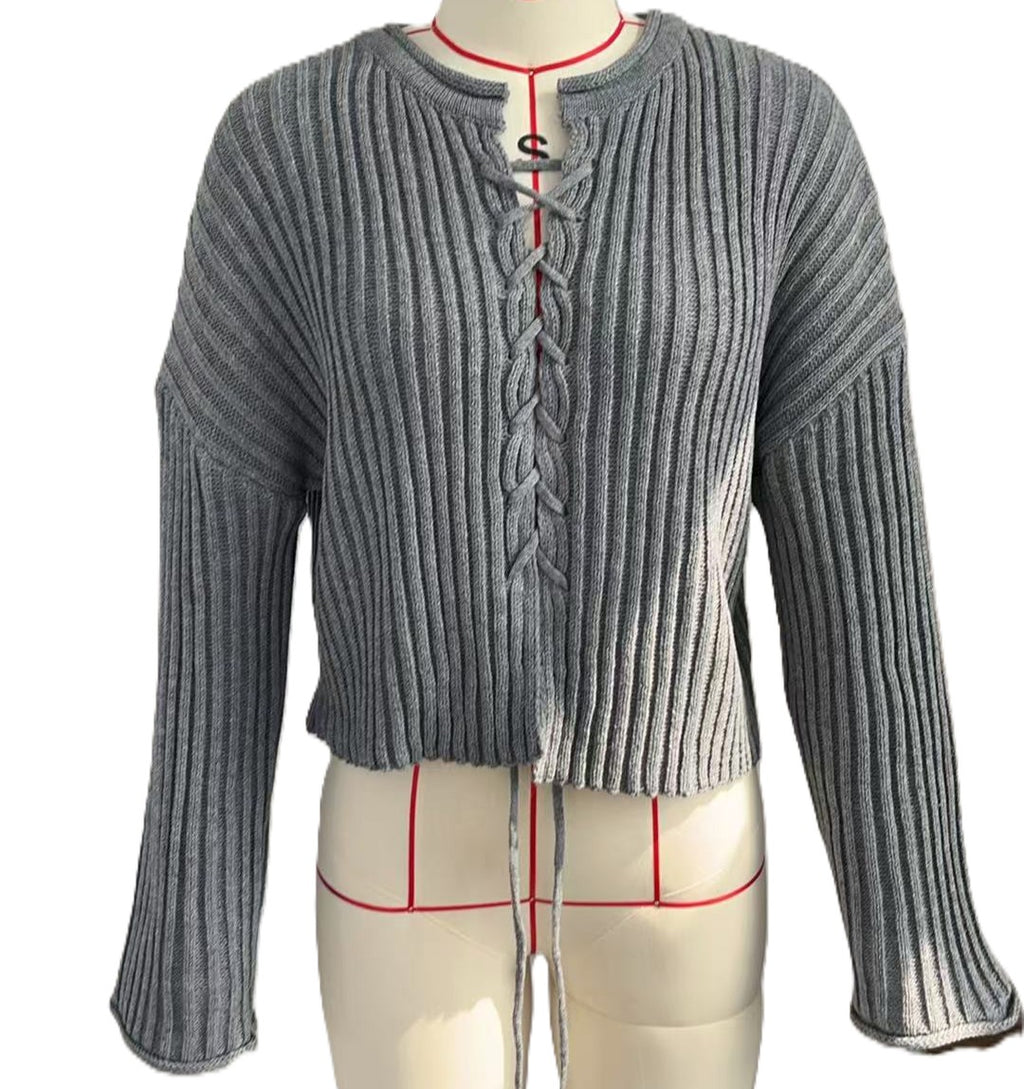Ribbed Lace Up Cropped Knit Top - Grey