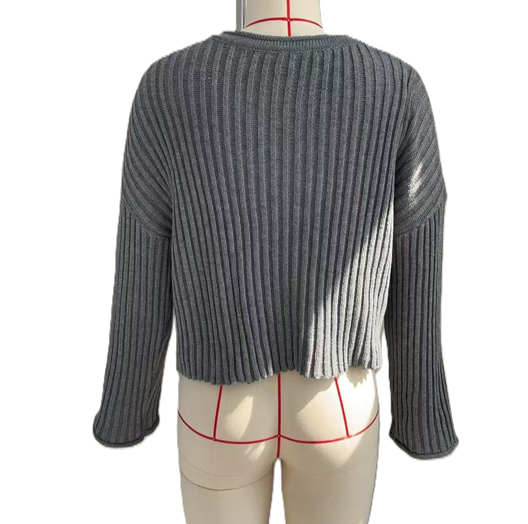Ribbed Lace Up Cropped Knit Top - Grey - 1