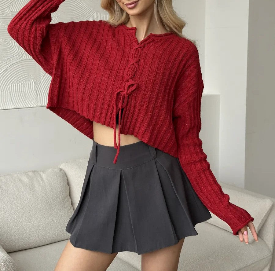 Ribbed Lace Up Cropped Knit Top - Red