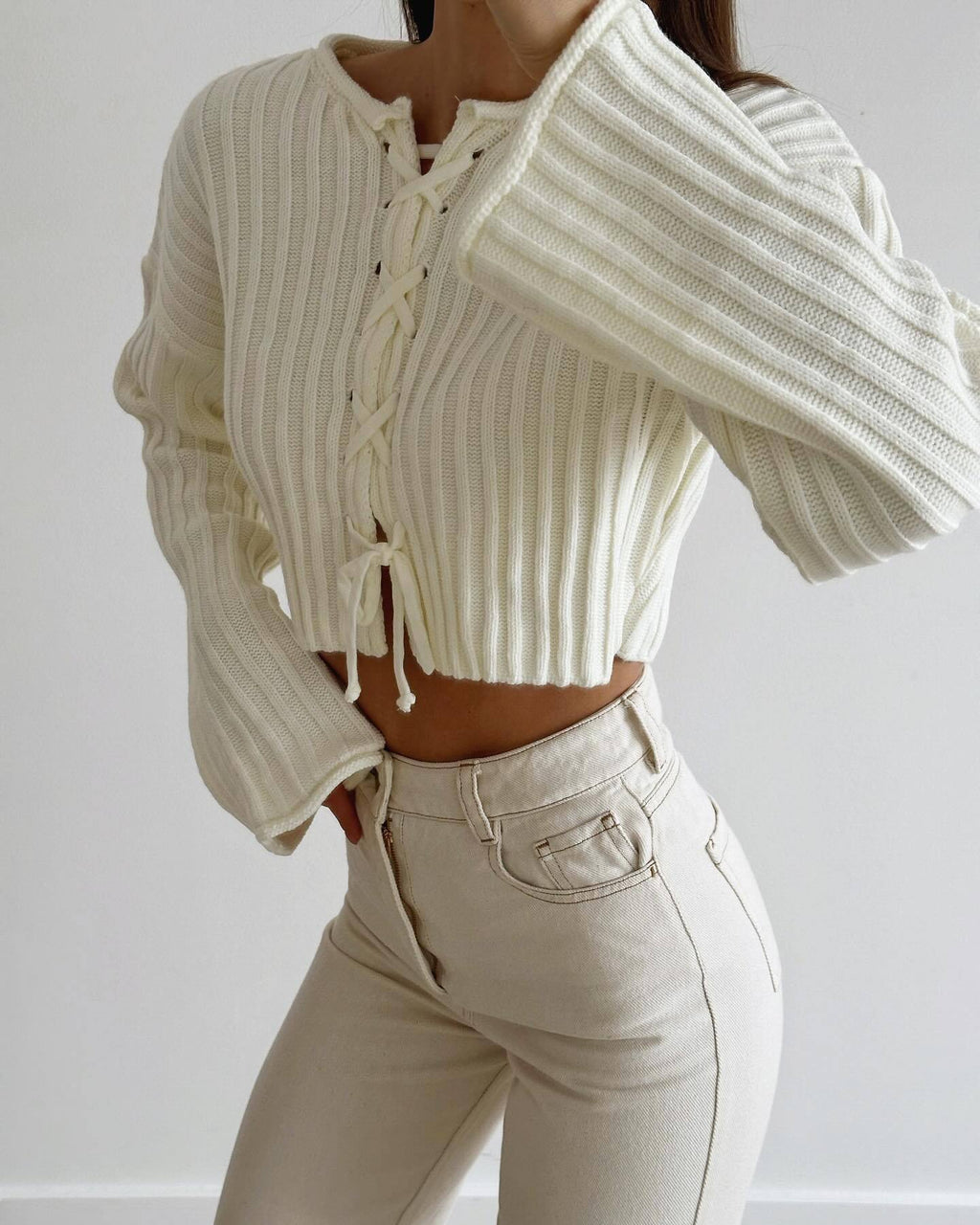Ribbed Lace Up Cropped Knit Top - White