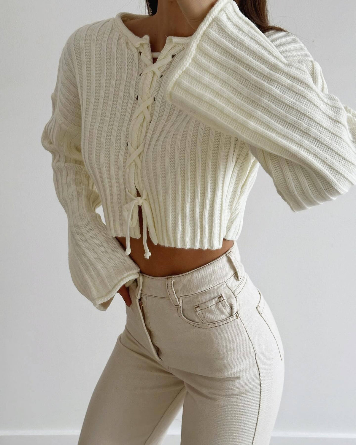 Ribbed Lace Up Cropped Knit Top - White
