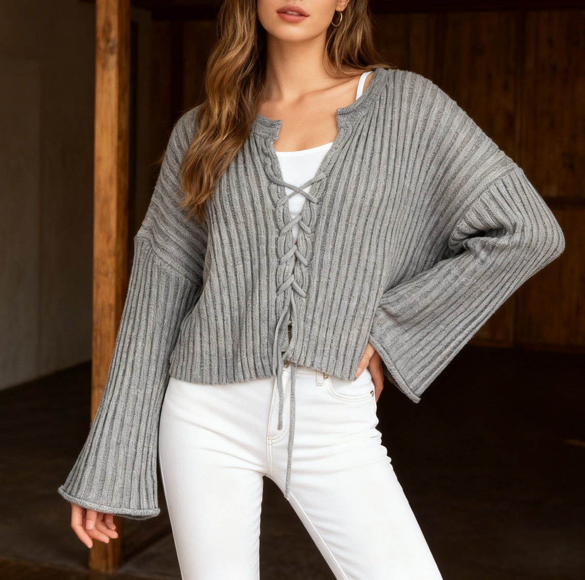 Ribbed Lace Up Cropped Knit Top