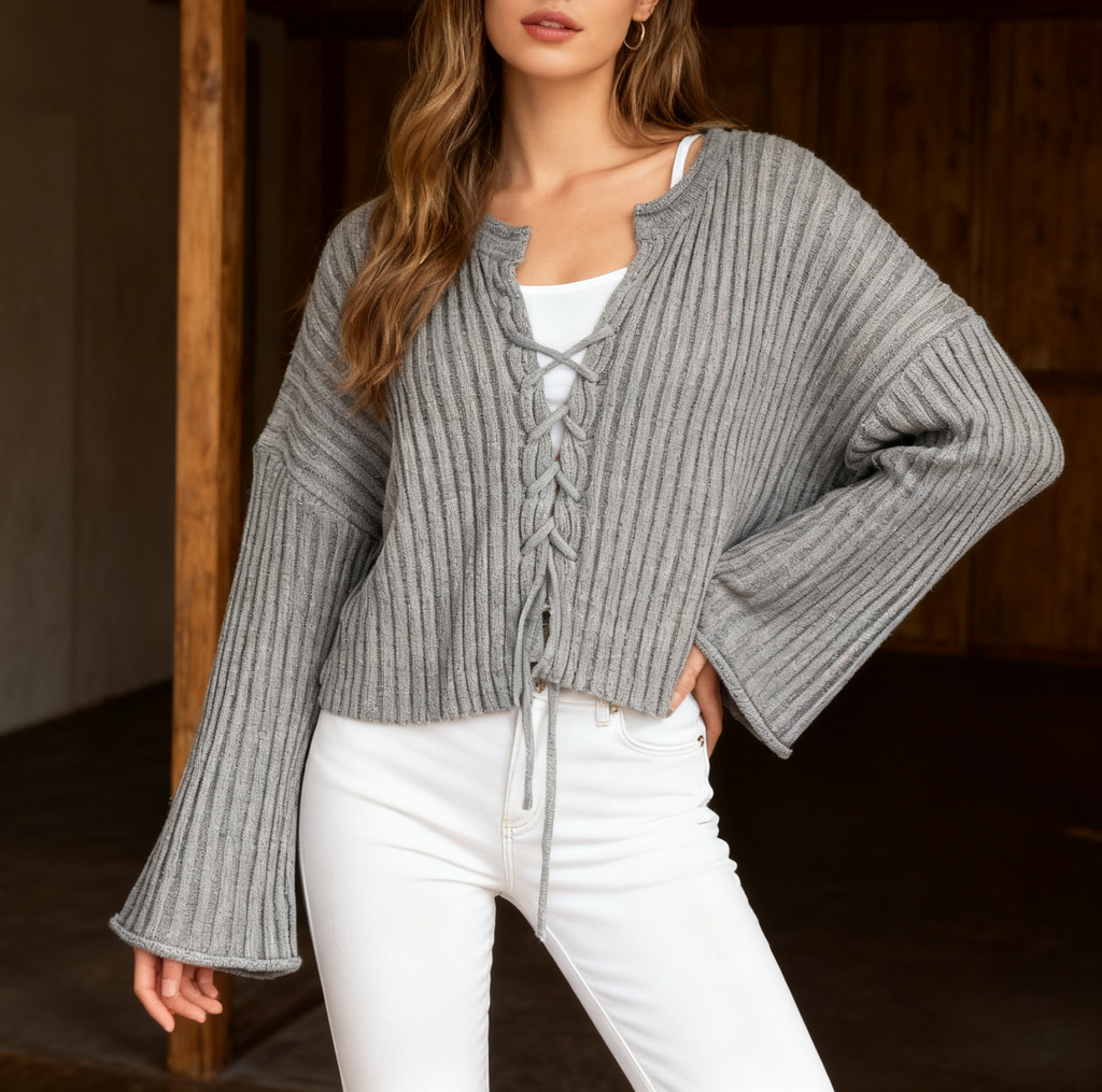 Ribbed Lace Up Cropped Knit Top - view 1