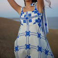 Tie Shoulder Folk Print Maxi Sundress - Blue