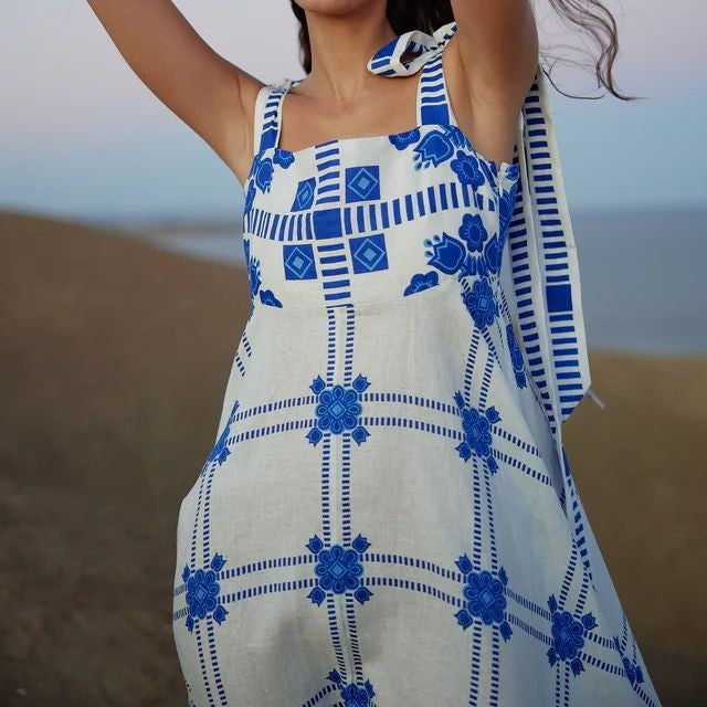 Tie Shoulder Folk Print Maxi Sundress - Blue