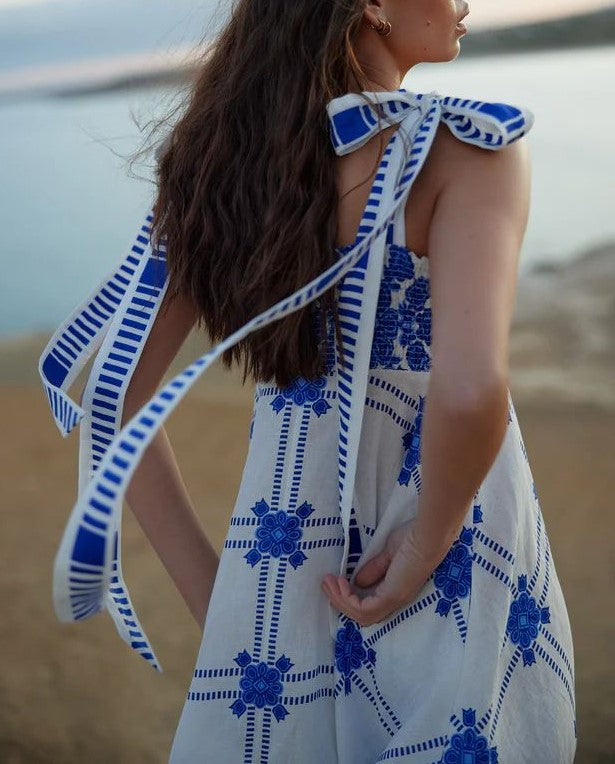 Tie Shoulder Folk Print Maxi Sundress - Blue - 1