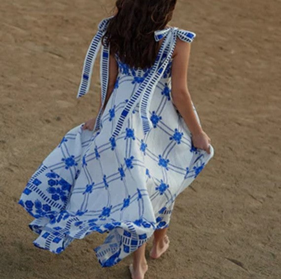 Tie Shoulder Folk Print Maxi Sundress - Blue - 2