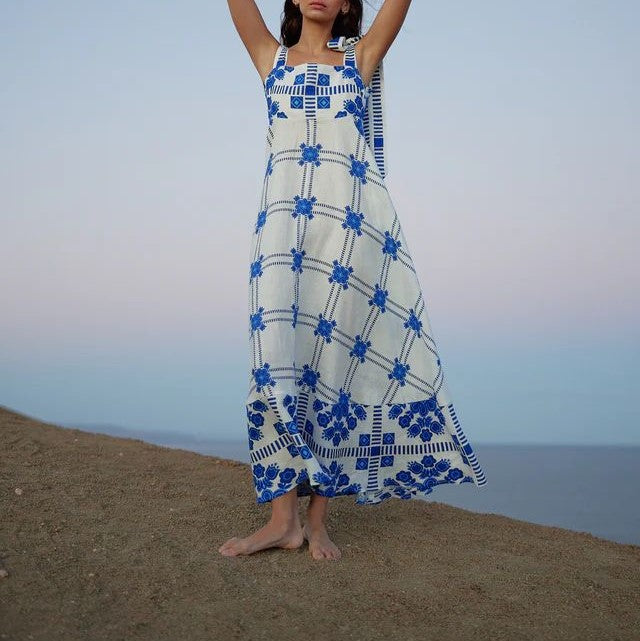 Tie Shoulder Folk Print Maxi Sundress - Blue - 3