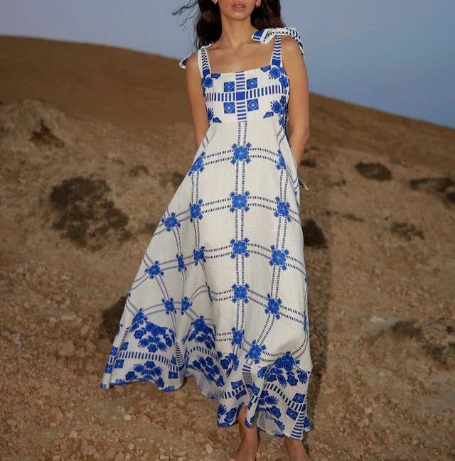 Tie Shoulder Folk Print Maxi Sundress