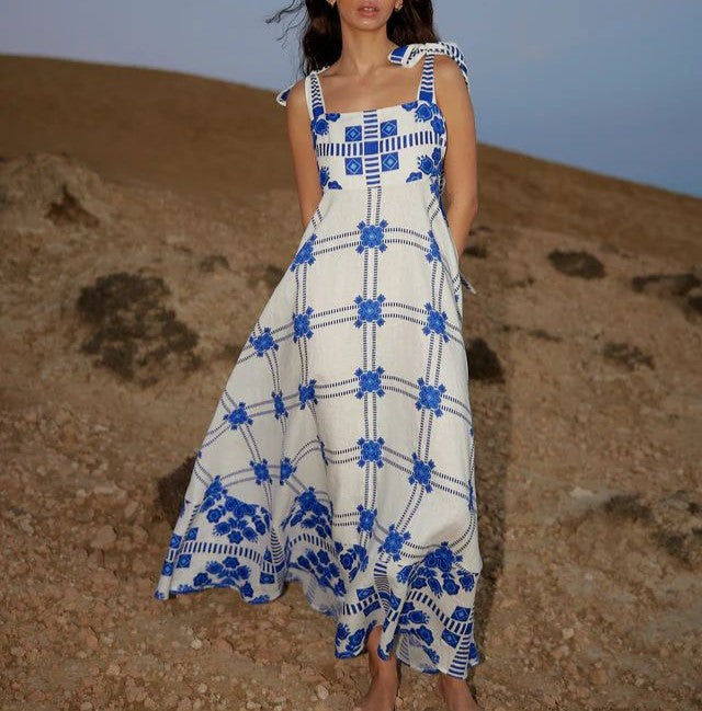 Tie Shoulder Folk Print Maxi Sundress - view 1