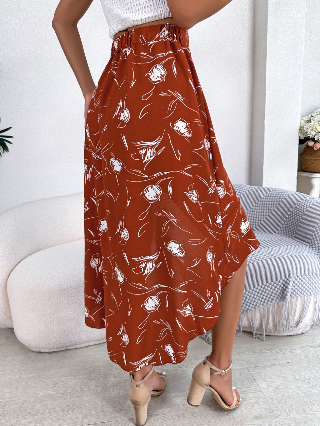 Ditsy Floral Ruffle Hem Wrap Midi Skirt - Red - 1
