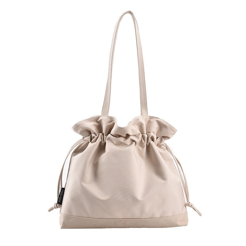 Ruched Drawstring Nylon Bucket Shoulder Bag - Off White