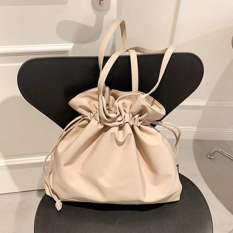 Ruched Drawstring Nylon Bucket Shoulder Bag
