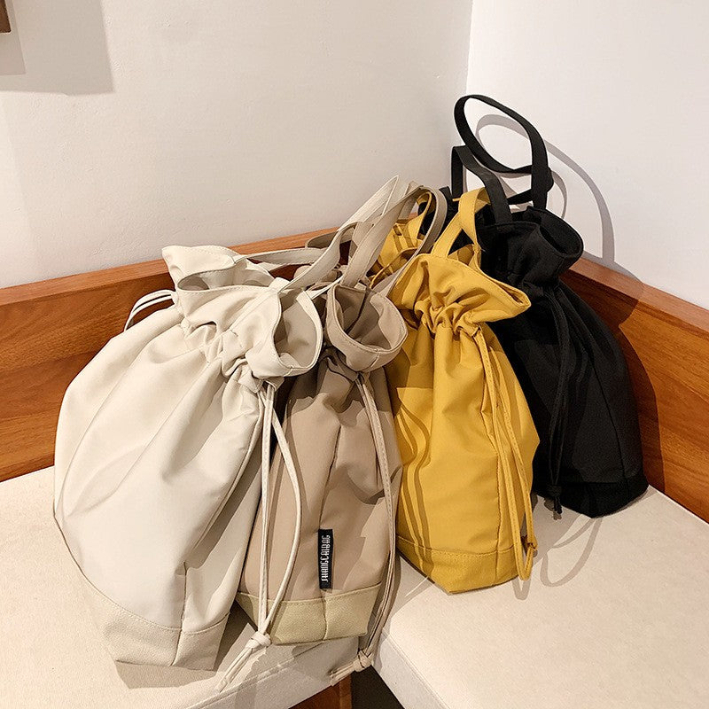 Ruched Drawstring Nylon Bucket Shoulder Bag