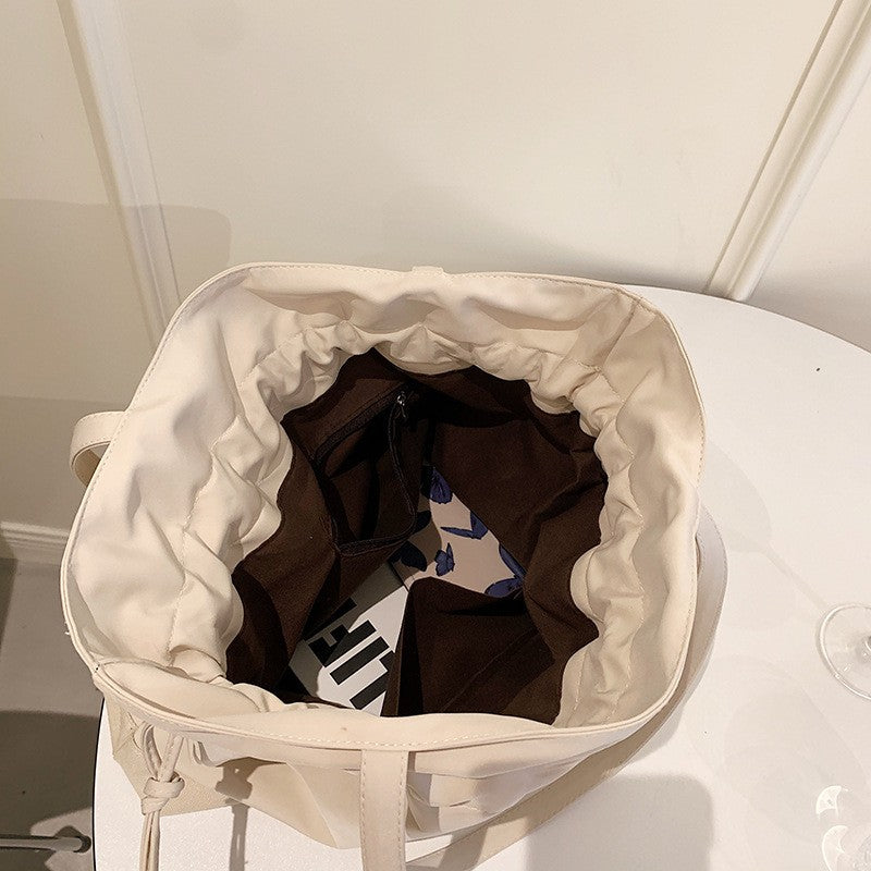 Ruched Drawstring Nylon Bucket Shoulder Bag