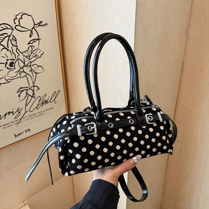 Polka Dot Barrel Bag with Buckle Straps - Black
