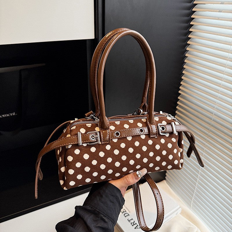 Polka Dot Barrel Bag with Buckle Straps - Brown