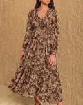 Boho Floral Long Sleeve Tiered Maxi Dress - Brown