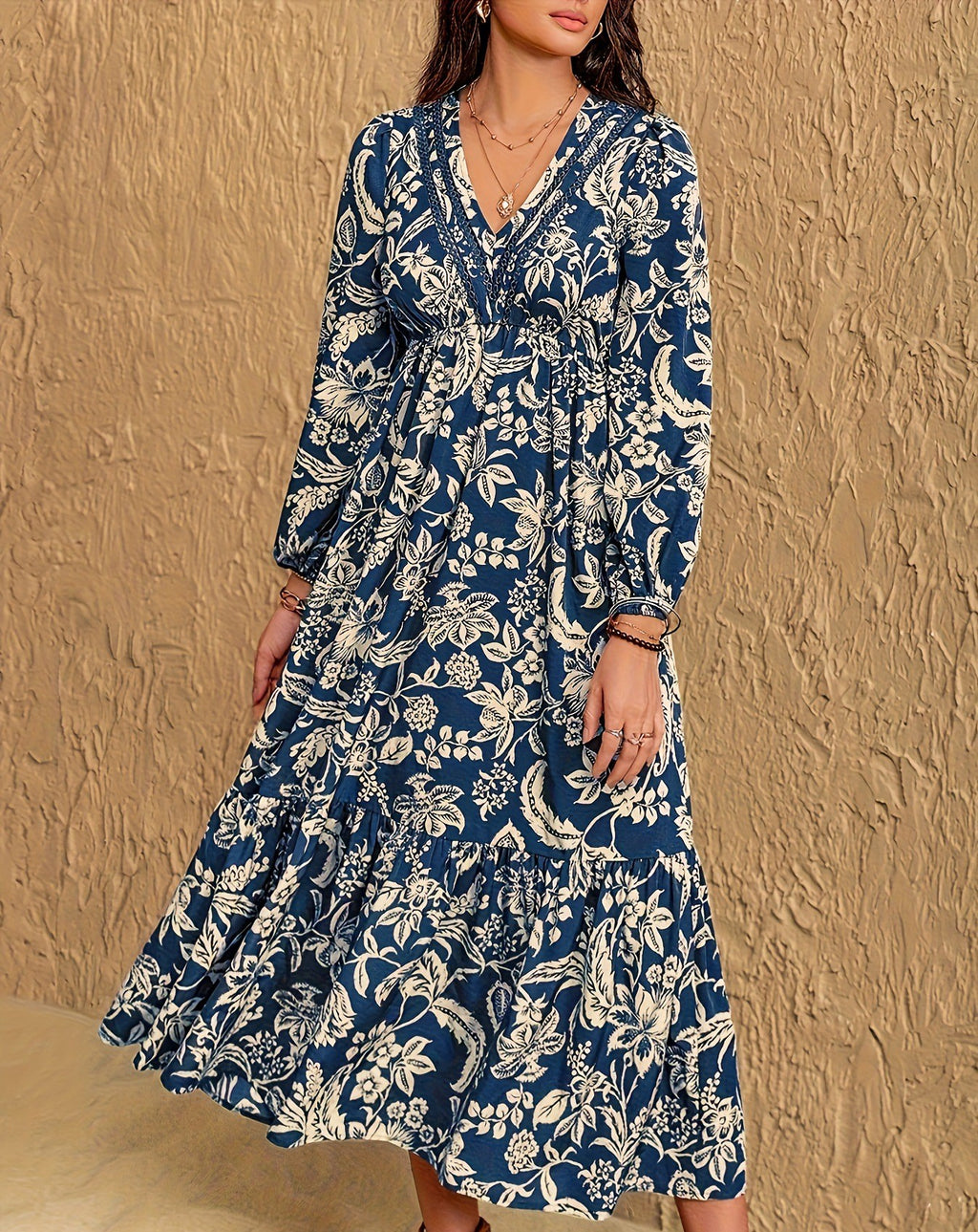 Boho Floral Long Sleeve Tiered Maxi Dress - Navy