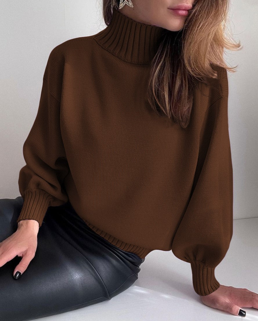 Puff Sleeve Ribbed Waist Turtleneck Sweater - Brown