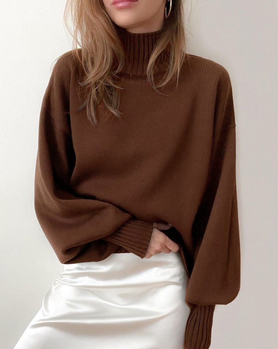 Puff Sleeve Ribbed Waist Turtleneck Sweater - Brown - 1
